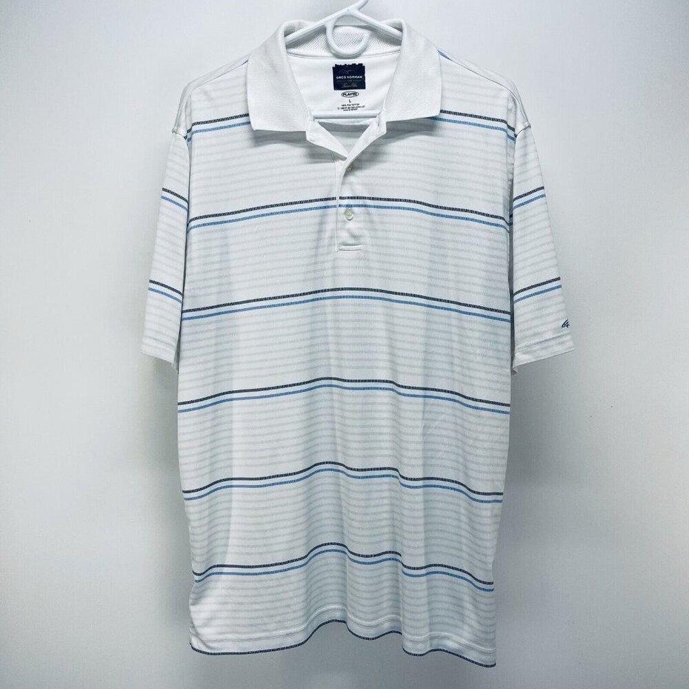 Greg Norman polo Shirt Size L Men's Golf Stripe White Short Sleeve